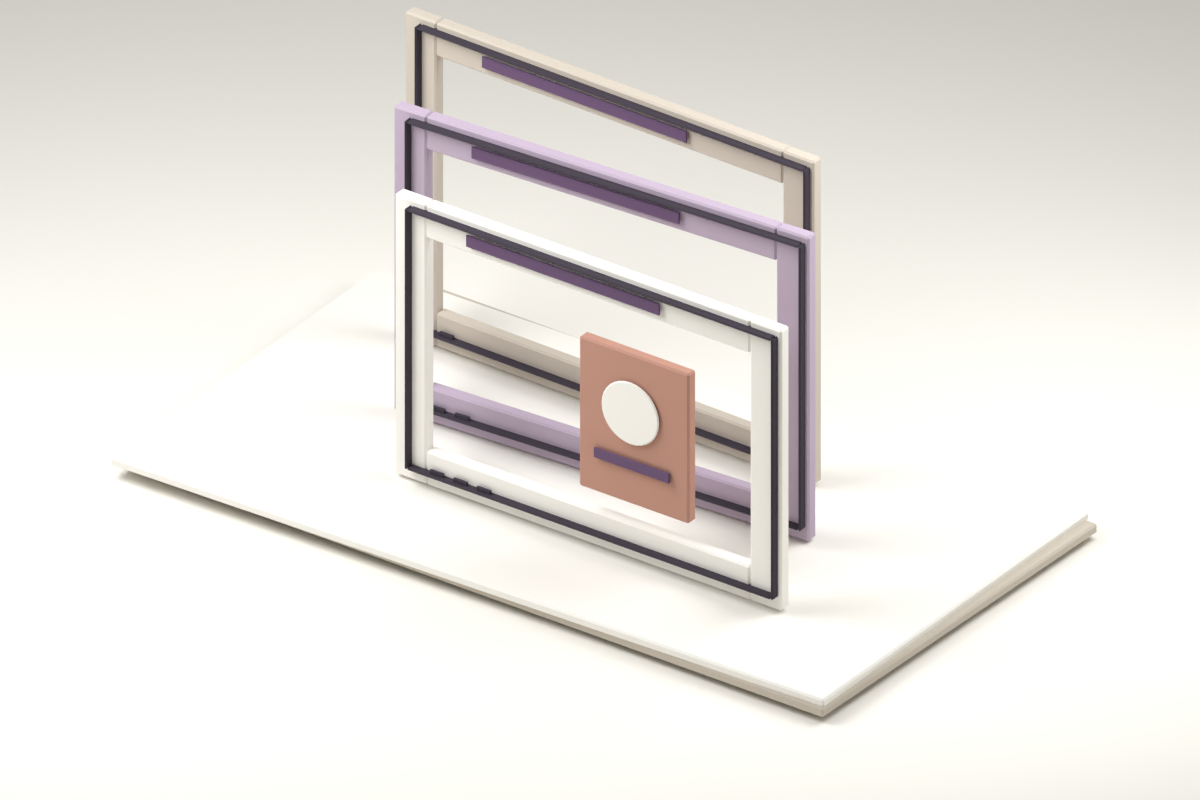 Three offset paper portals and a small abstract catalog-image tile on a paper base.