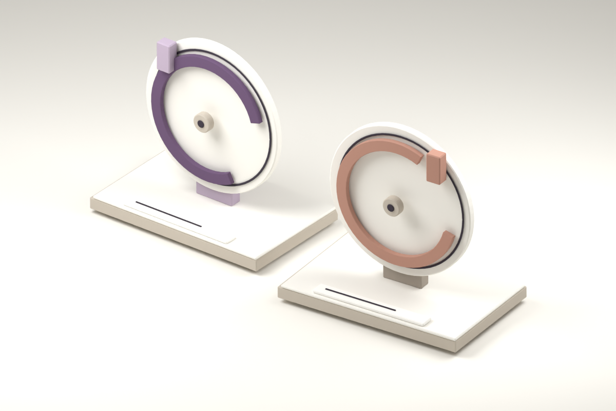 Two separate paper dials on individual stands, with plum and clay rims and no clock hands or numbers.