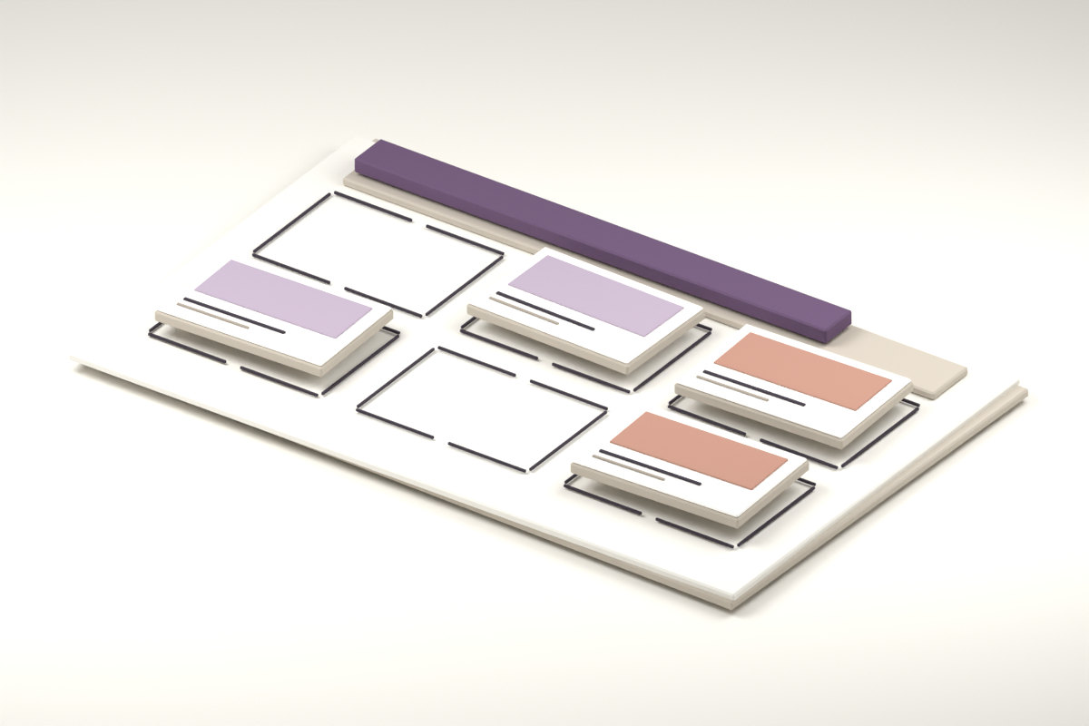 A paper layout with six outlined slots, four raised content tiles and two deliberately empty slots.