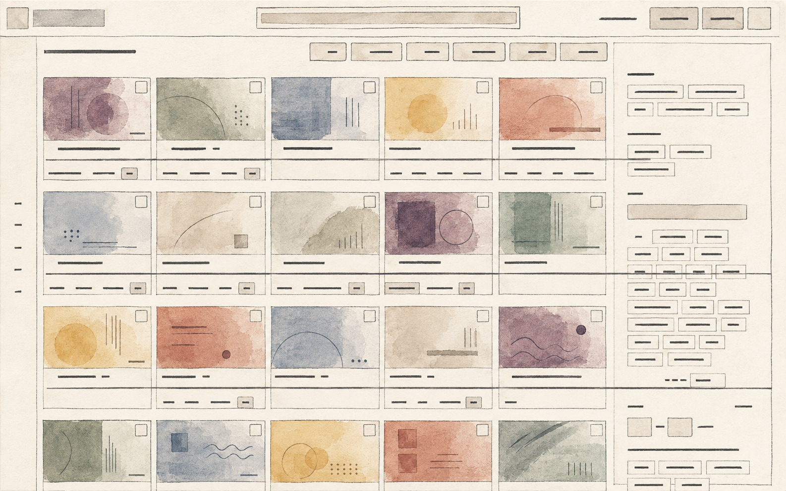 Redacted desktop catalog illustration with header, sidebar and repeated tiles; abstract shapes stand in for media and text.