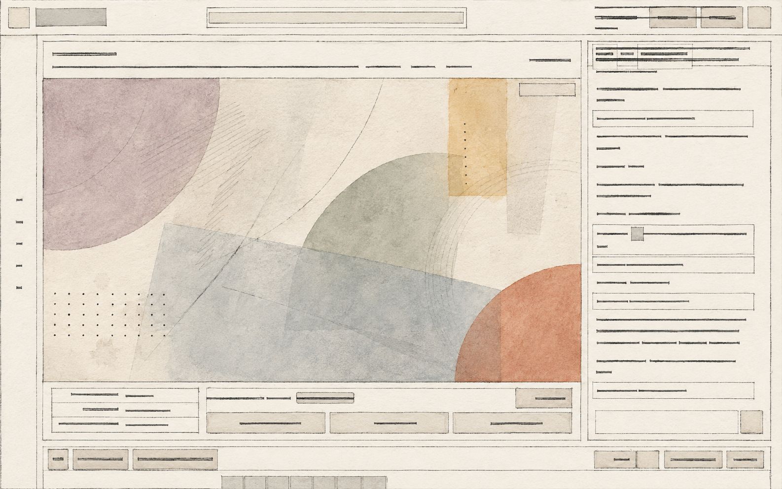 Redacted desktop room illustration with an abstract media region and surrounding controls; no people or messages are depicted.