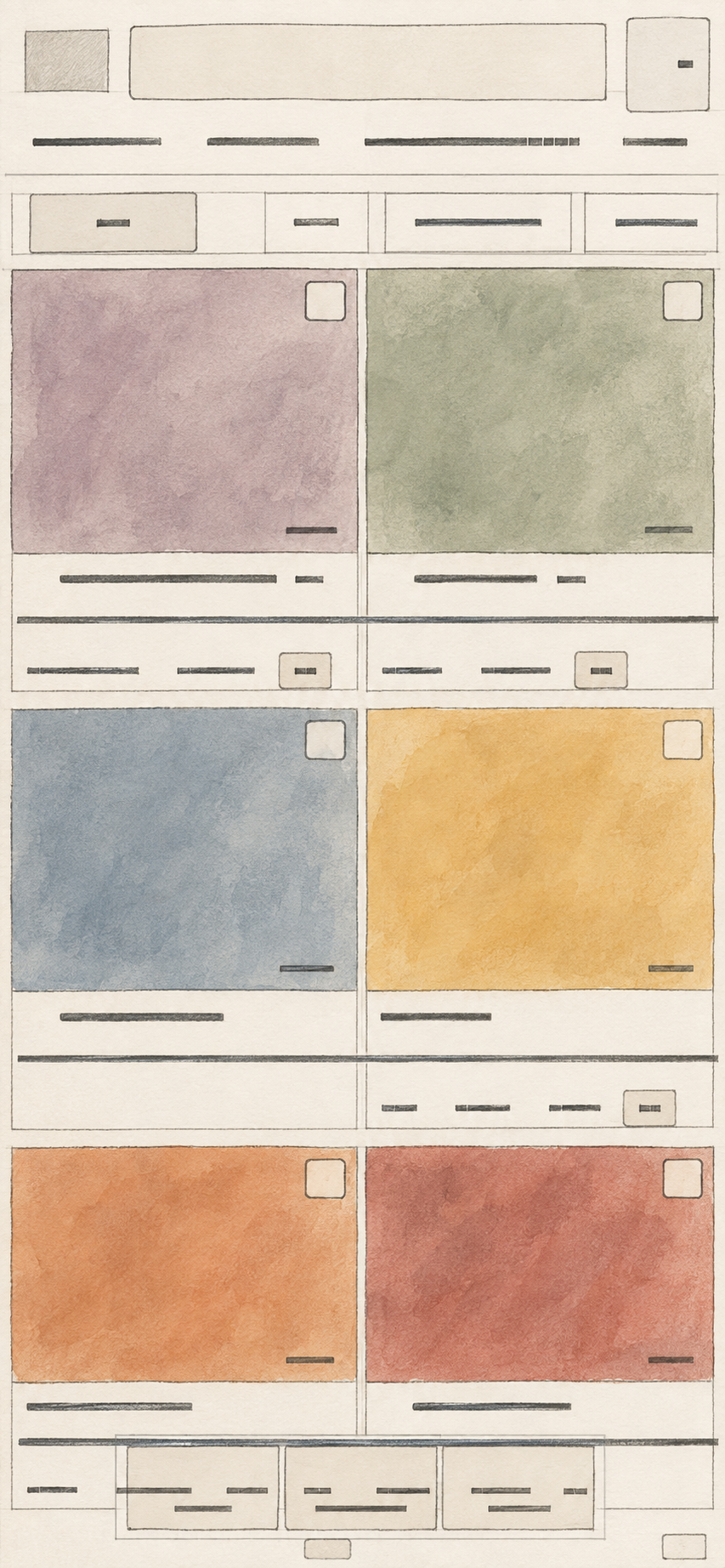 Redacted mobile catalog illustration showing a top interface and narrow content grid, with geometric blocks in place of media and text.